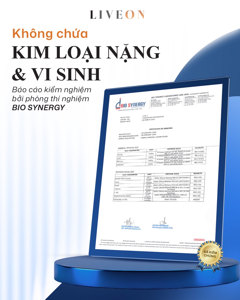 Báo cáo kiểm nghiệm không kim loại nặng và vi sinh